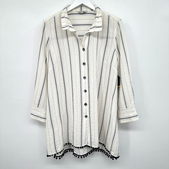 John Mark Tunic Top Shirt Blouse Size Medium 3/4 Sleeve Flowy Hi Low Pom Pom New - Picture 1 of 15